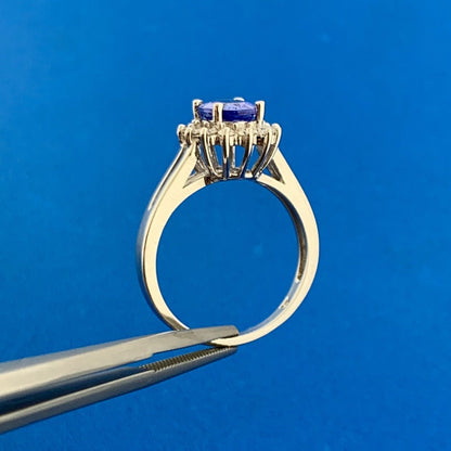 Designer 14K White Gold Oval Tanzanite White Topaz Halo Accent Anniversary Ring