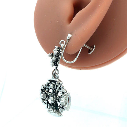 Vintage 900 Fine Silver Jerusalem Cross Detailed Clip On Dangle Earrings