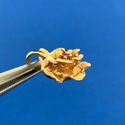 Vintage 14K Yellow Gold Ruby Rose Flower Petite Charm Pendant