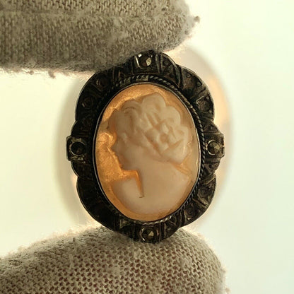 Victorian 925 Sterling Silver Carved Cameo Marcasite Statement Stud Earrings