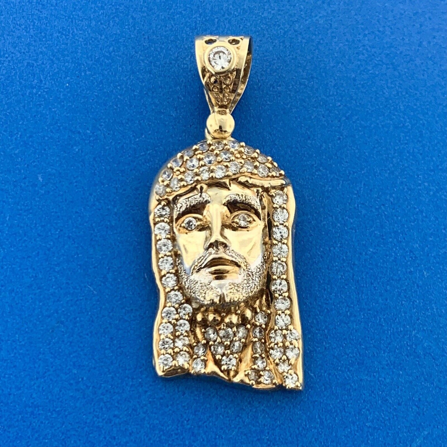 Designer CAL 10K Yellow Gold Cubic Zirconia Christ Jesus Head Statement Pendant