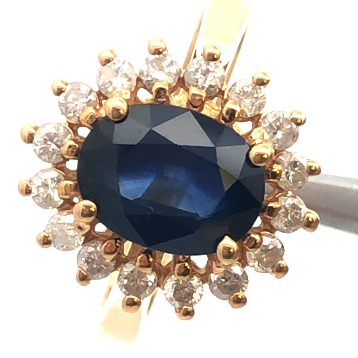 Designer 14K Yellow Gold Oval Blue Sapphire Diamond Halo Statement Cocktail Ring