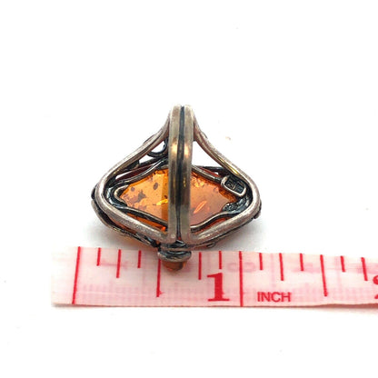 Vintage Designer PL 925 Sterling Silver Oval Amber Statement Ring