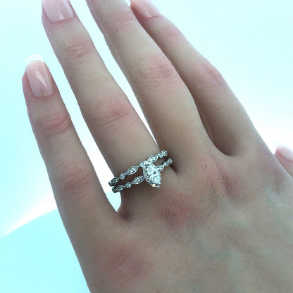 Designer SBT 14K White Gold Marquise Diamond Solitaire Accents 2 Ring Bridal Set