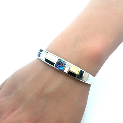 Designer Sterling Silver Abalone Mother Of Pearl Onyx Inlay Open Cuff Bracelet