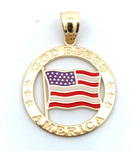 Designer NGI 14K Yellow Gold Enamel God Bless America USA Flag Round Pendant