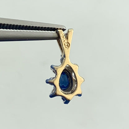 Vintage 14K Yellow Gold Pear Cut Blue Sapphire Diamond Halo Teardrop Pendant