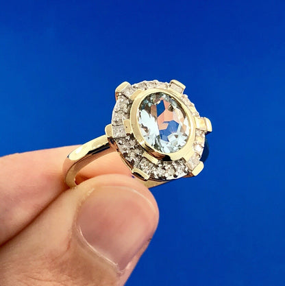 Designer 10K Yellow Gold Aquamarine Diamond Halo March Birthday Anniversary Ring