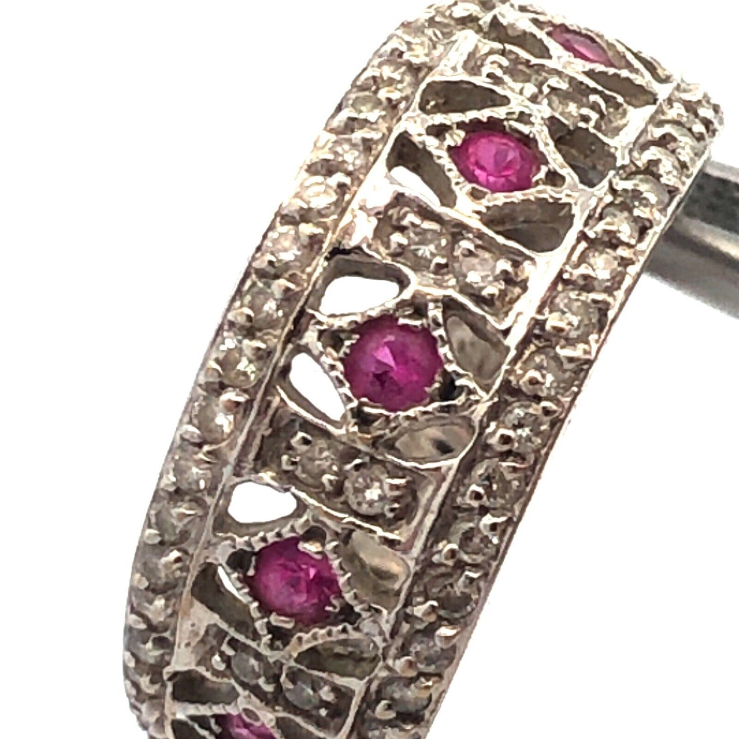 Vintage Art Deco 18k White Gold Filigree Ruby & Diamond Ring Size 7.5