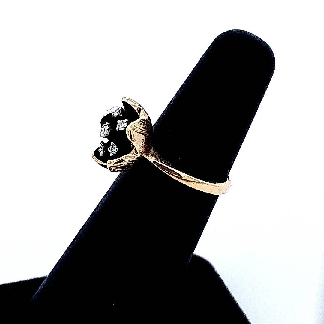 Art Deco Style Estate 14K Yellow Gold Diamond Black Enamel Flower Floral Ring