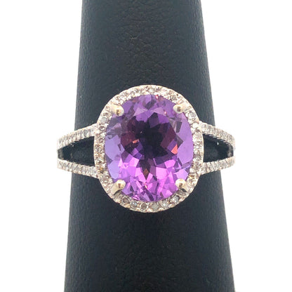 Designer 14K White Gold Oval Amethyst Diamond Halo Wedding Engagement Ring