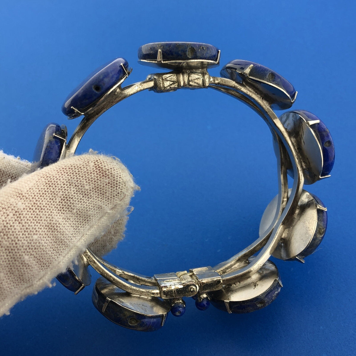 Siman Tu Silver Tone Lapis Lazuli Cabochon Statement Hinged Cuff Bracelet