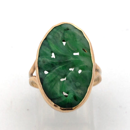 Vintage 14K Yellow Gold Oval Green Jade Hand Carved Leaves Flowers Open Ring