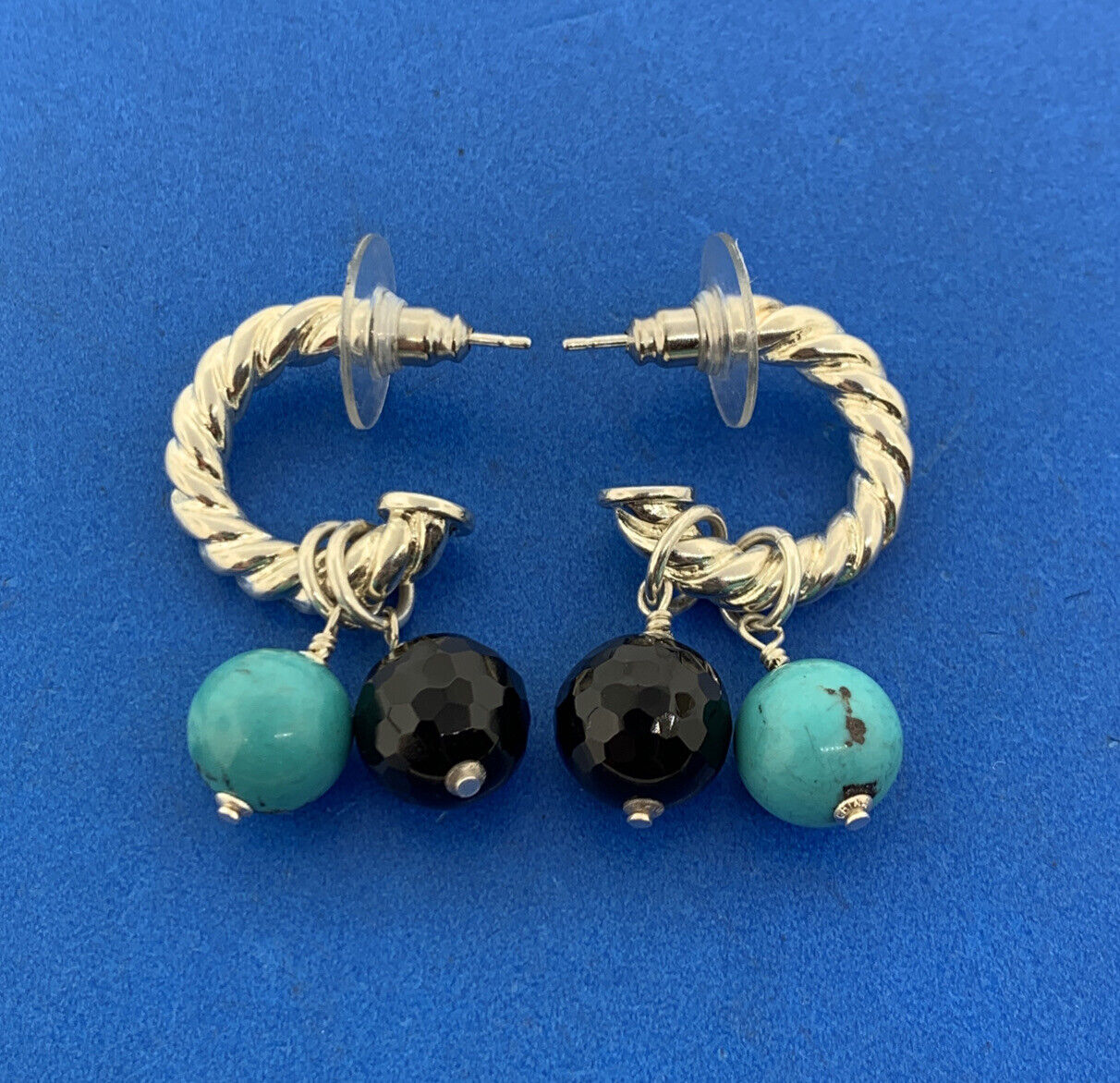 Silpada Sterling Silver 925 Turquoise Black Onyx Ribbed Cable Half Hoop Earrings