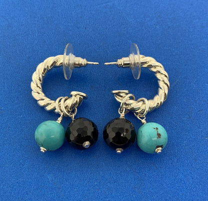 Silpada Sterling Silver 925 Turquoise Black Onyx Ribbed Cable Half Hoop Earrings