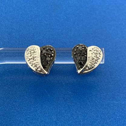 Designer HN 925 Sterling Silver White Black Diamond Cluster Heart Stud Earrings