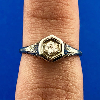 Art Nouveau Art Deco 14K White Gold Diamond Solitaire Filigree Engagement Ring