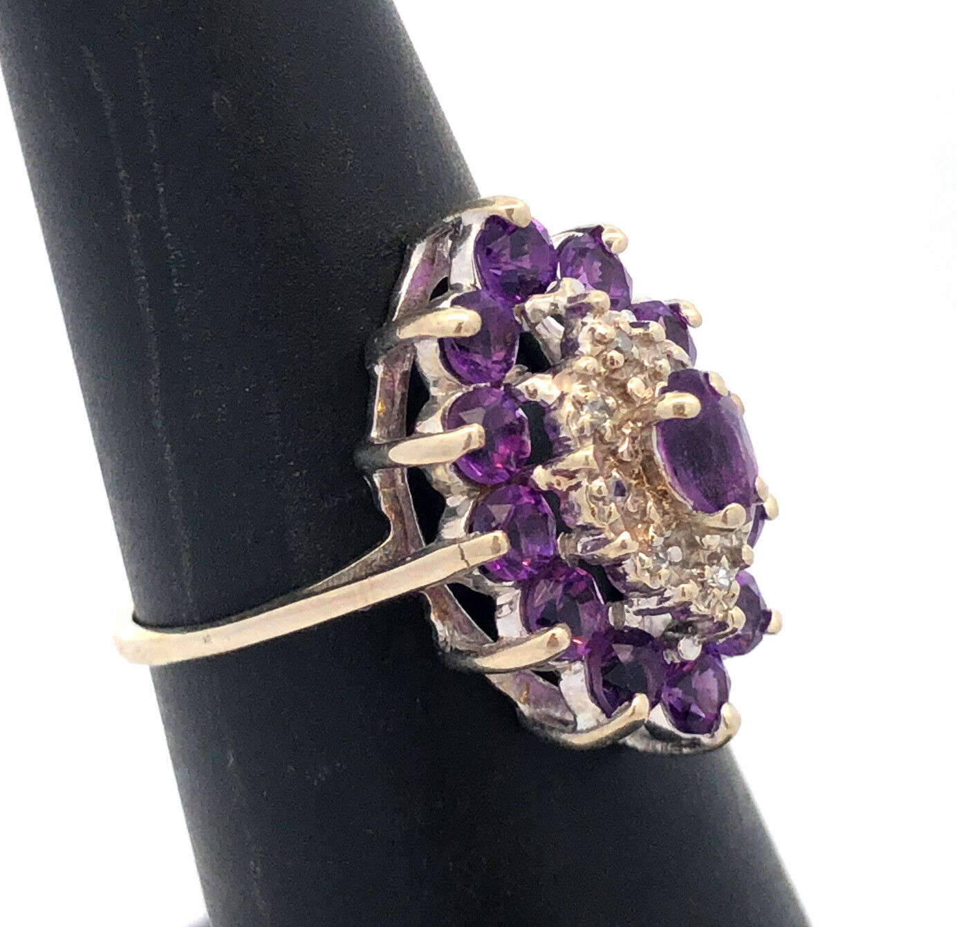 Estate 10K White Gold Amethyst Diamond Accented Statement Cocktail Ring