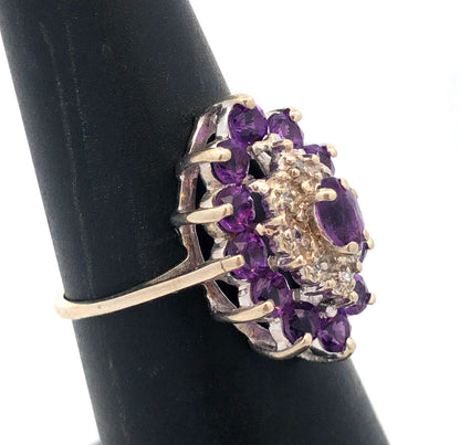 Estate 10K White Gold Amethyst Diamond Accented Statement Cocktail Ring