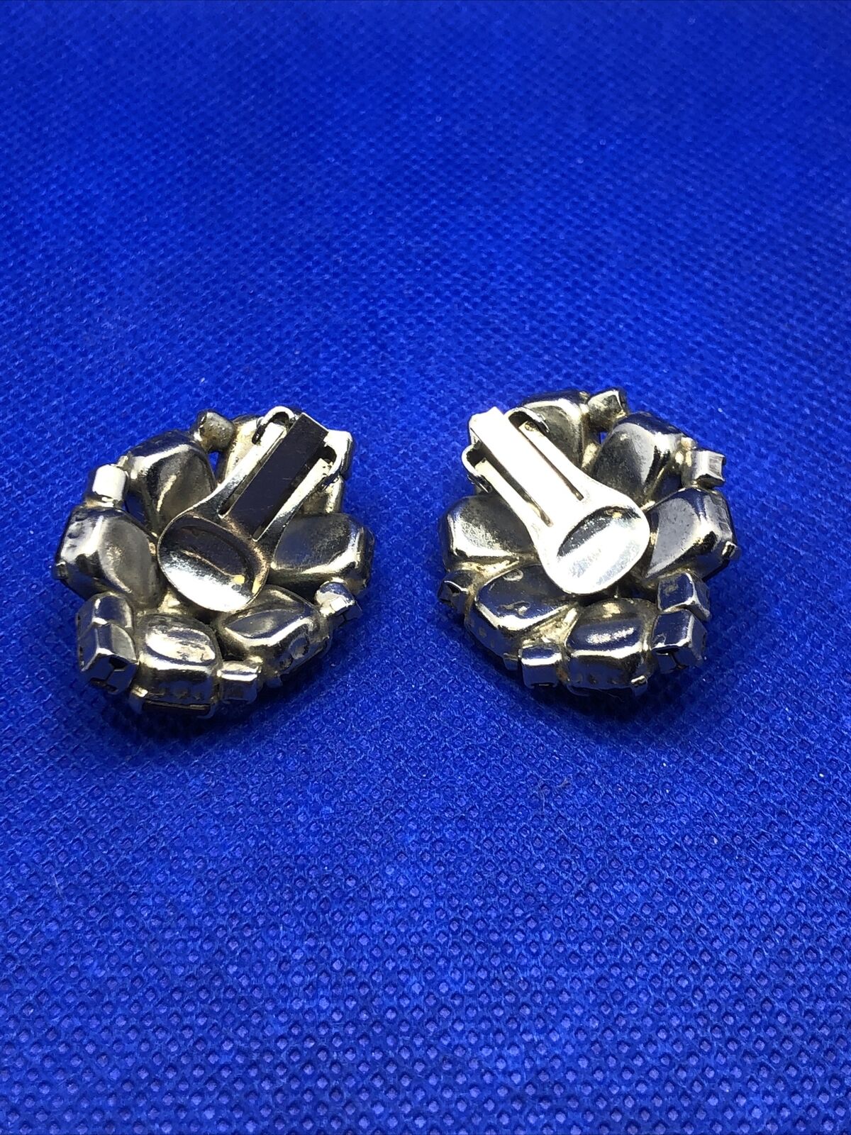 Mid Century Silver Tone Red Glass Rhinestone Statement Clip On Stud Earrings