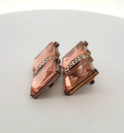 Vintage Copper Bronze Tone Pink & White Rhinestone Statement Clip On Earrings