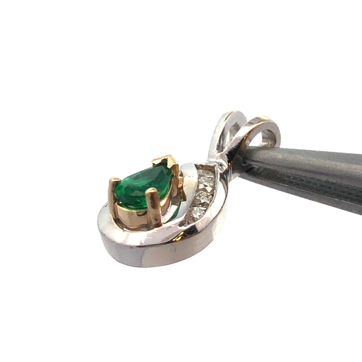 Designer 14K White Gold Pear Emerald Round Diamond Petite Pendant
