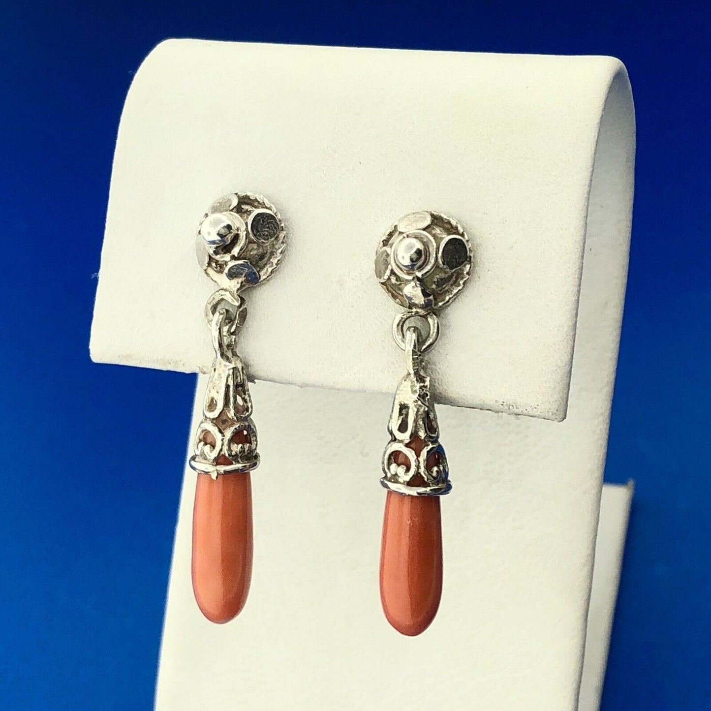 Stunning Sterling Silver 925 Cabochon Elongated Coral Dangle Earrings