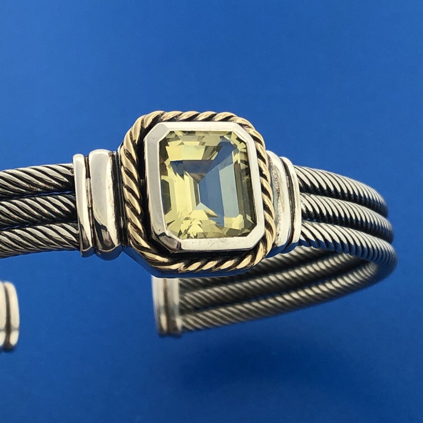 Designer CNA 925 Sterling Silver 14K Green Amethyst Cable Cuff Bracelet