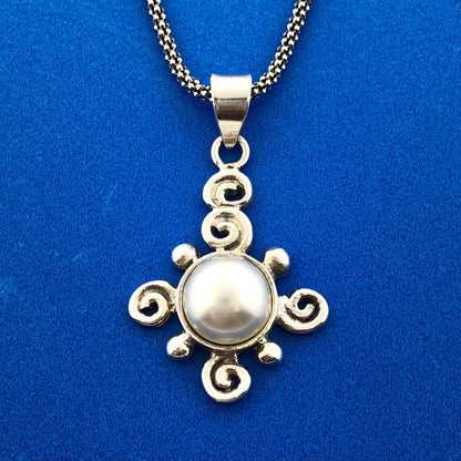 Designer JM Sterling Silver Mabe Pearl Whimsical Swirl Snake Chain 19" Necklace