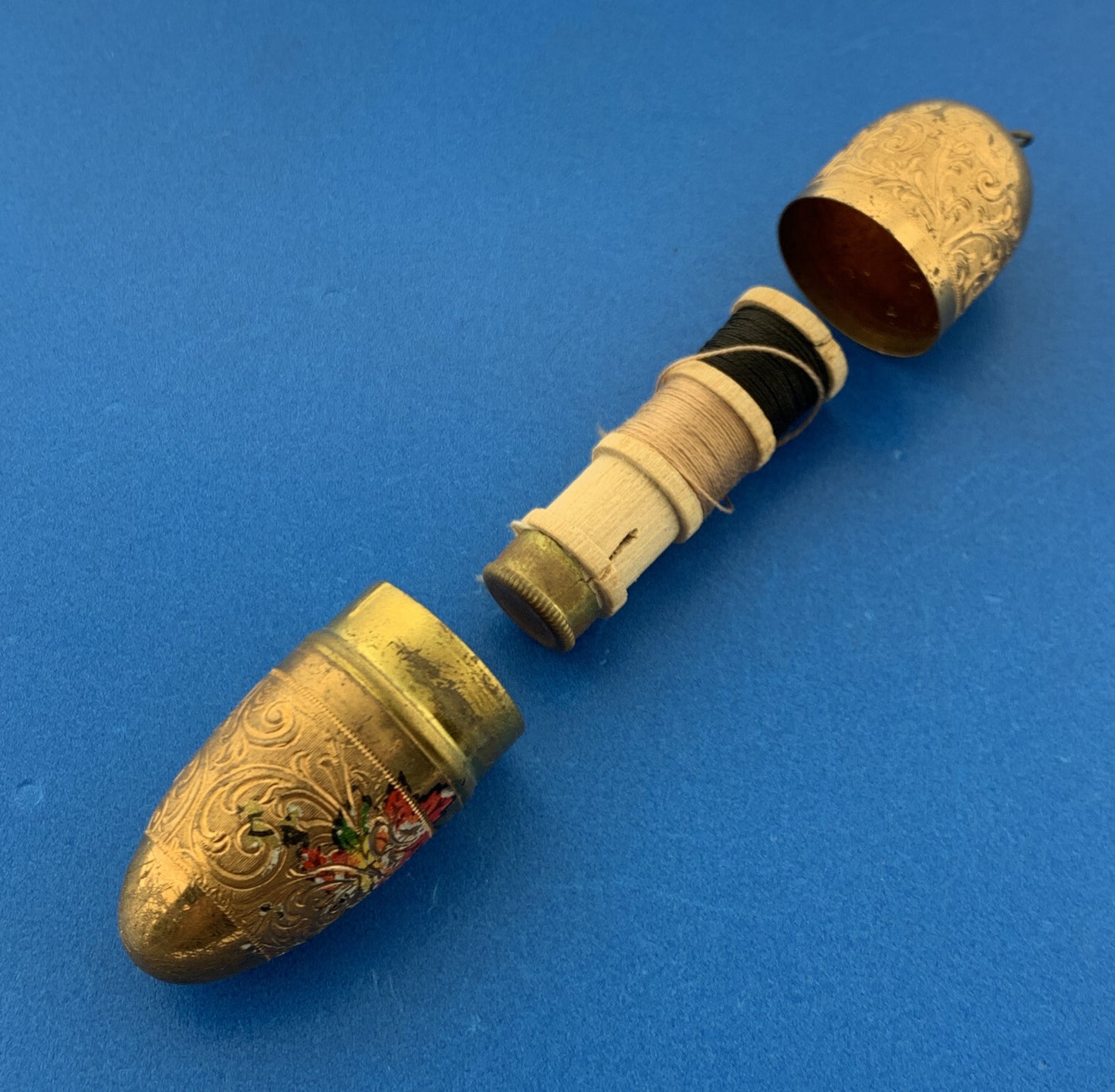 Antique German Germany Guilloche Floral Scroll Gold Tone Pendant Sewing Kit
