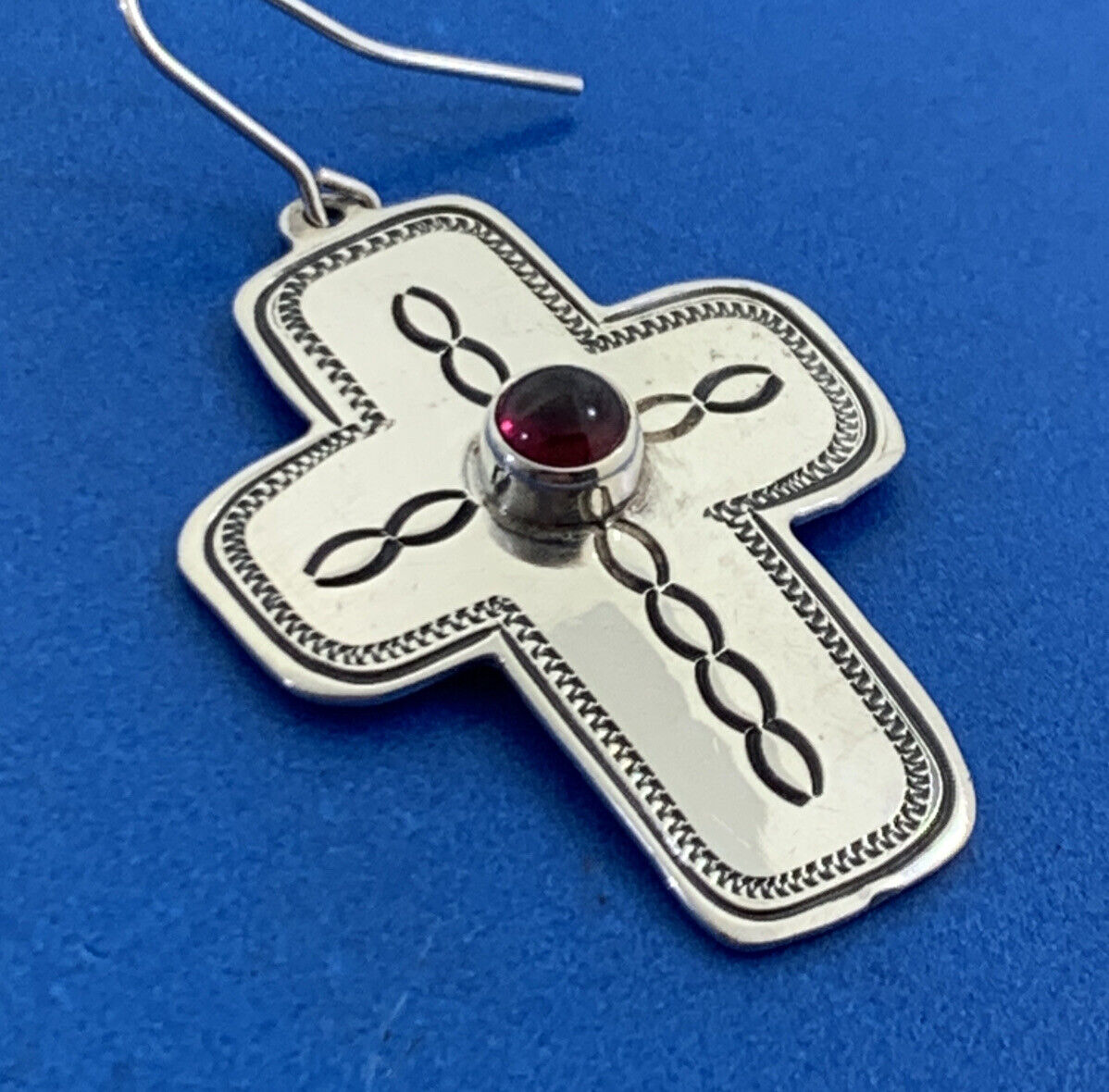 Don Lucas Native American 925 Sterling Silver Garnet Drop Dangle Concho Earrings