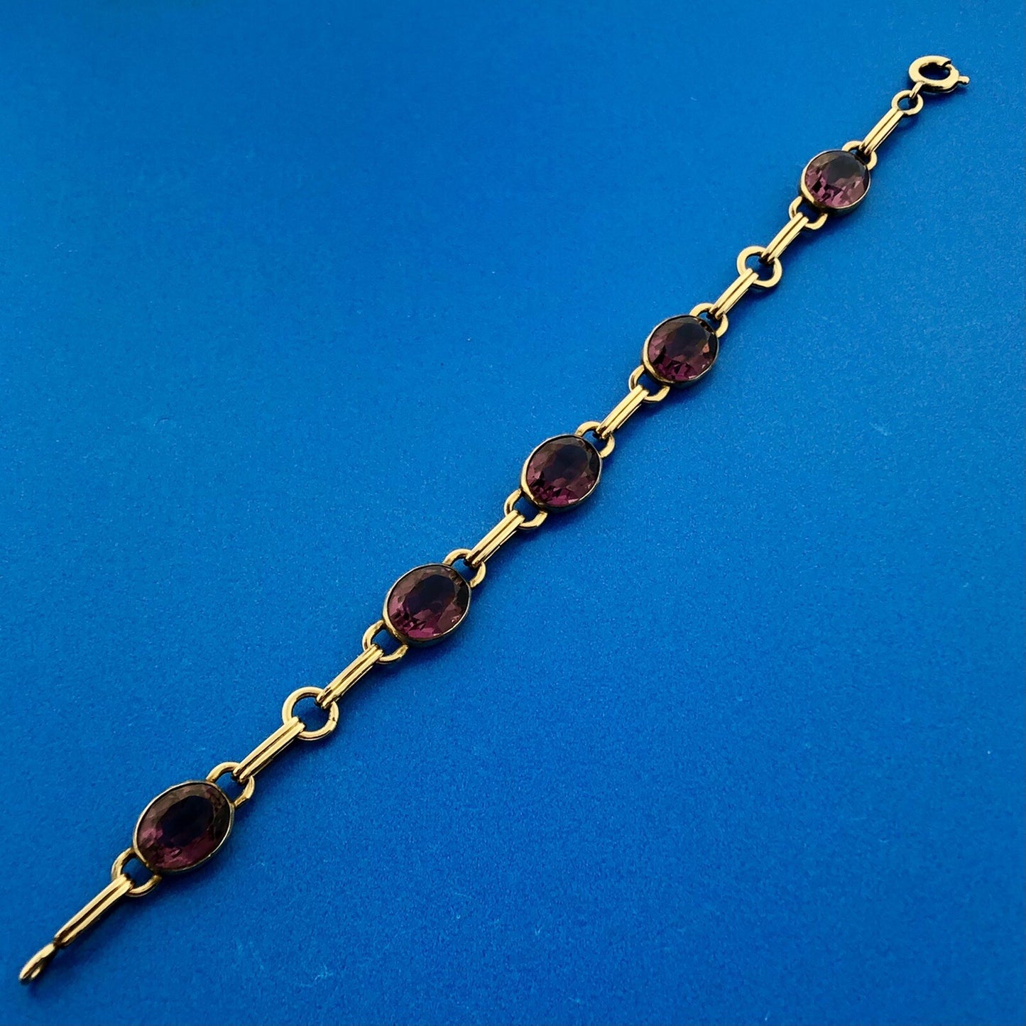 Vintage 12KT Gold Filled Oval Purple Amethyst Station Panel Link Bracelet