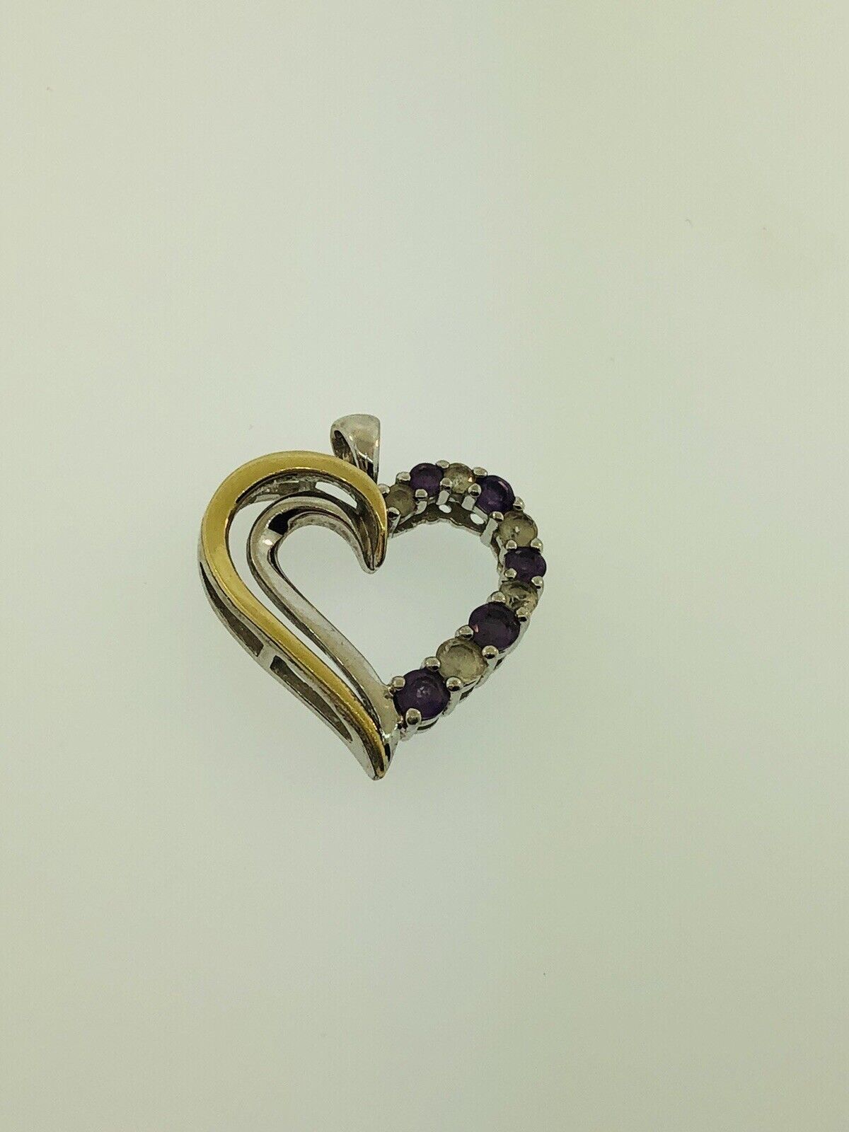 10K Yellow Gold Sterling Silver 925 Amethyst White Topaz Heart Pendant S174