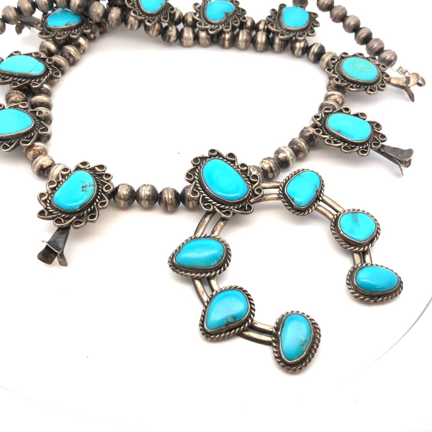 Vintage Native American 925 Sterling Silver Turquoise Squash Blossom Necklace
