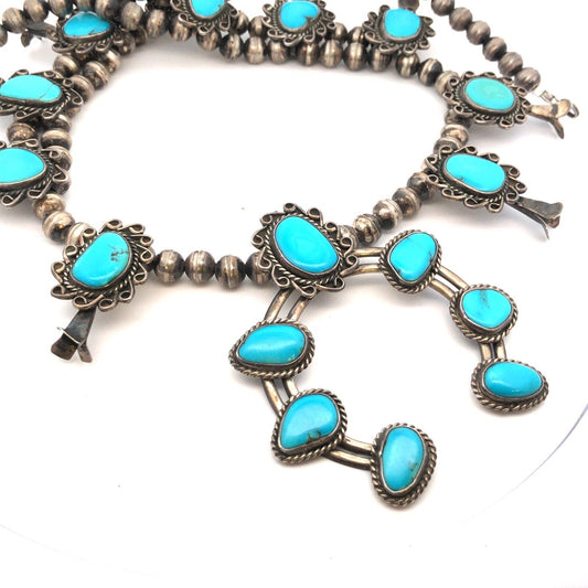Vintage Native American 925 Sterling Silver Turquoise Squash Blossom Necklace