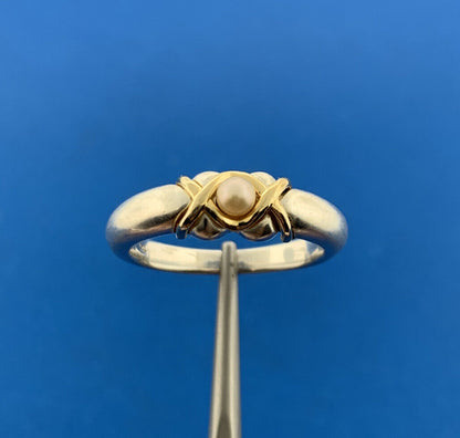 Designer THL 925 Sterling Silver Pearl Brushed Finish Two Tone Band Ring