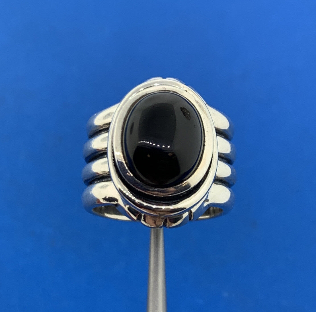 Designer 925 Sterling Silver Oval Black Onyx Cabochon Ribbed Statement Ring