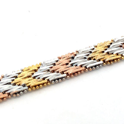 Italy Sterling Silver Gold Rose Gold Vermeil Tri-Color Chevron Chain Bracelet