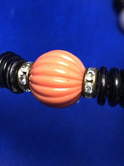 1970's Faux Pearl Onyx Coral Rhinestone Beaded Statement Necklace