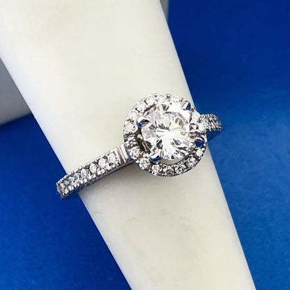 Designer 14K White Gold Round Diamond Solitaire W Halo Accents 2 Ring Bridal Set