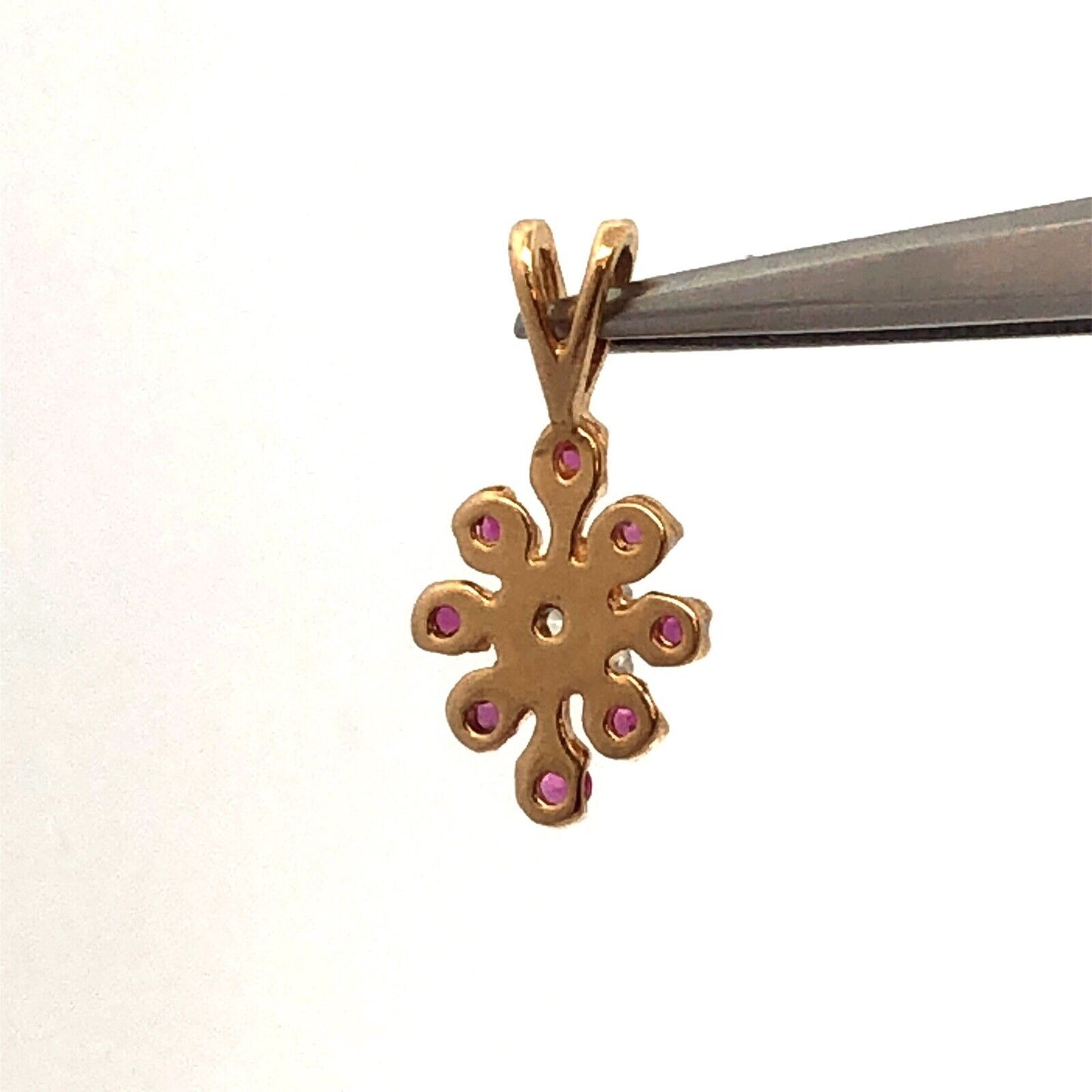 14K Yellow Gold Ruby Diamond Flower Floral Drop Charm Pendant