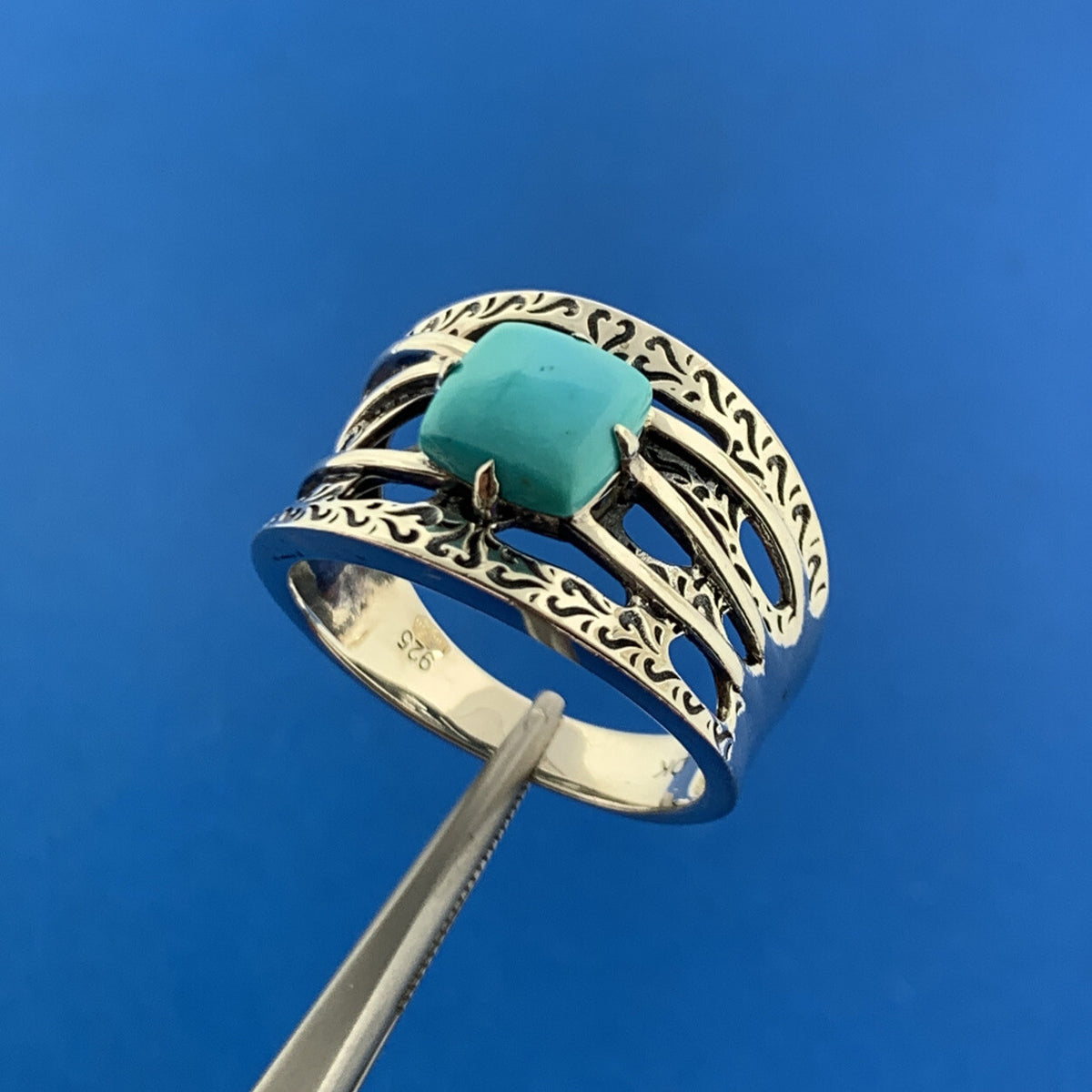 Designer DK Sterling Silver 925 Cabochon Square Blue Turquoise Ring Size 10