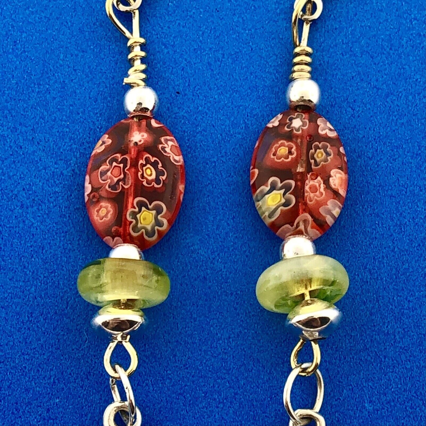 Sterling Silver 925 Millefiore Glass Bead Fleur De Lis Drop Dangle Earrings