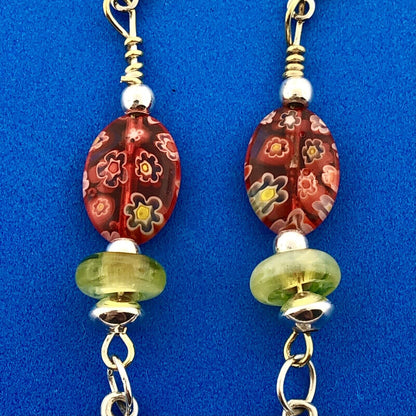 Sterling Silver 925 Millefiore Glass Bead Fleur De Lis Drop Dangle Earrings