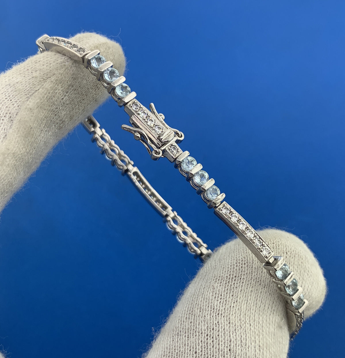 Designer 925 Sterling Silver Blue Topaz Cubic Zirconia Accented Tennis Bracelet