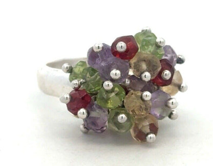 Designer 925 Sterling Silver Beaded Multi-Gemstone Cluster Dome Ring