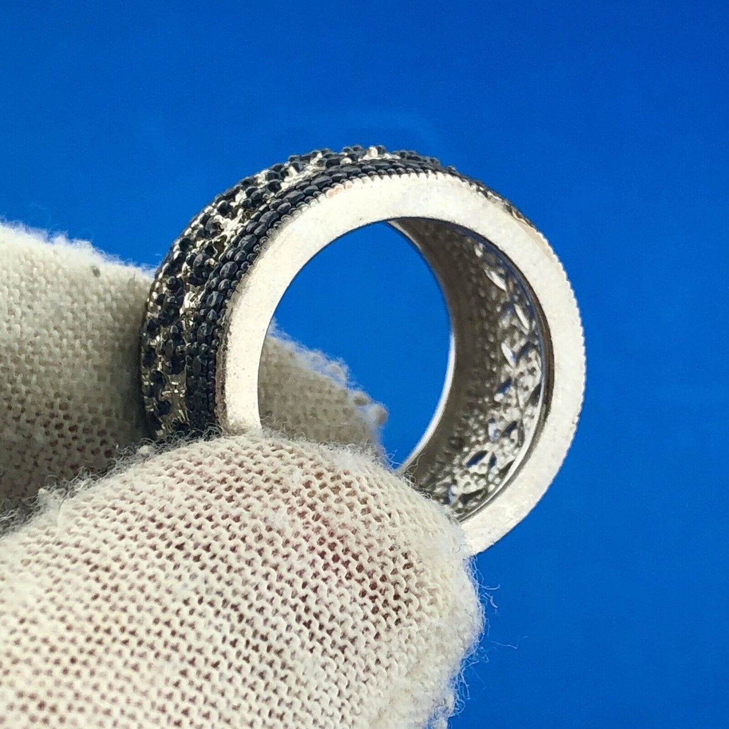 Designer 925 Sterling Silver Black Diamond Illusion Cutout Cigar Band Ring