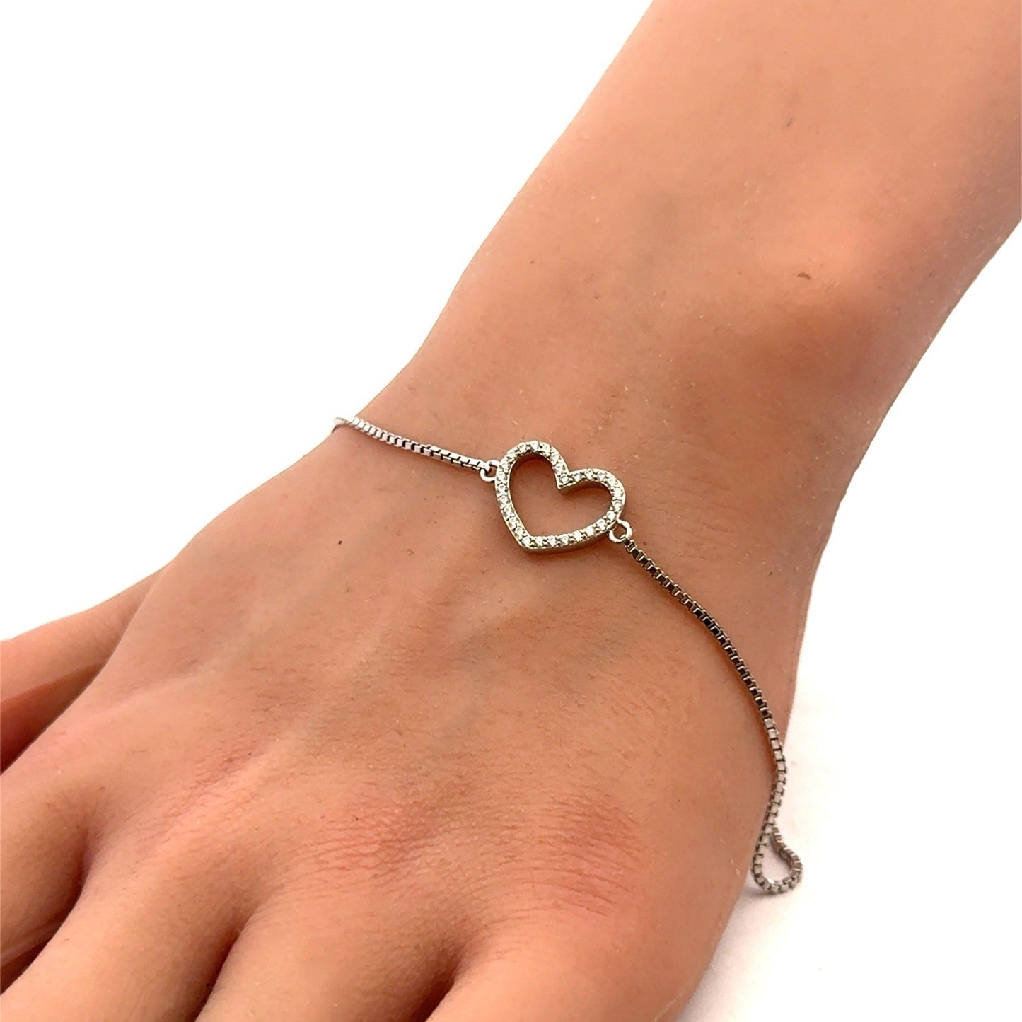 Designer 925 Sterling Silver Open Heart Cubic Zirconia Box Chain Bolo Bracelet