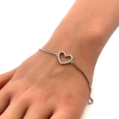 Designer 925 Sterling Silver Open Heart Cubic Zirconia Box Chain Bolo Bracelet