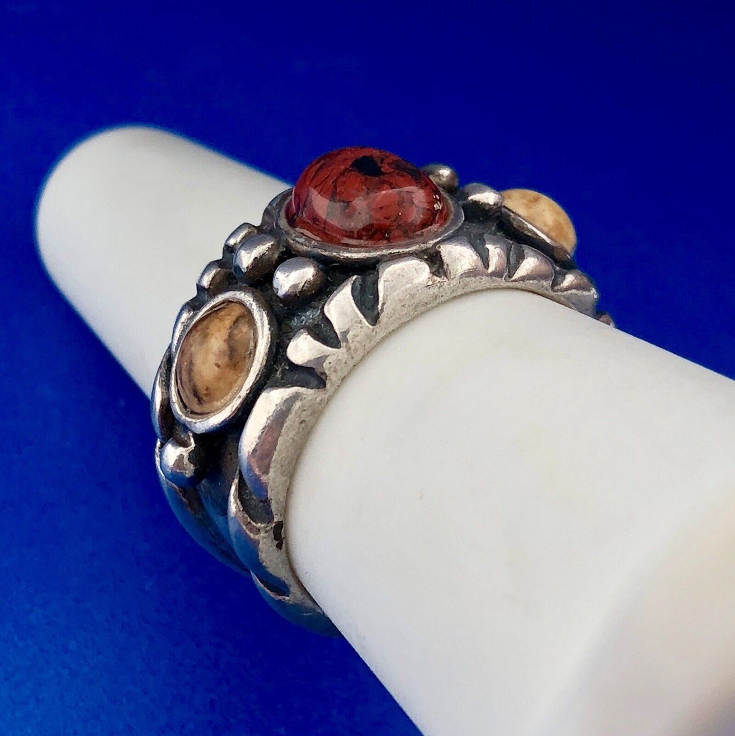 Vintage Native American Artisan 925 Sterling Silver Red Yellow Jasper Band Ring